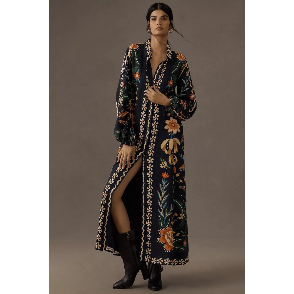 Anthropologie Farm Rio Multicolor Button Front Maxi Dress A Line Tropical SZ XXS - Picture 7 of 8